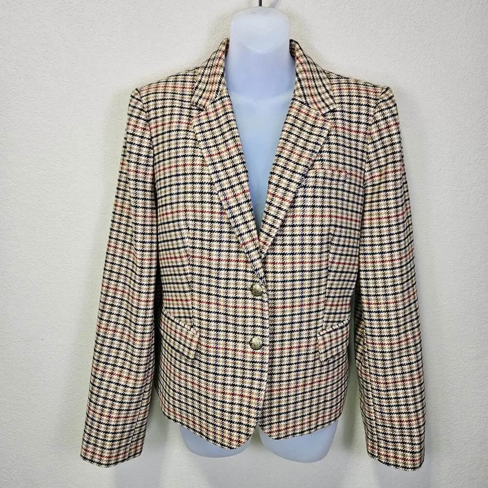 J.Crew Tweed Schoolboy Blazer Women 14 Camel Navy Plaid Gold Crest Buttons NEW